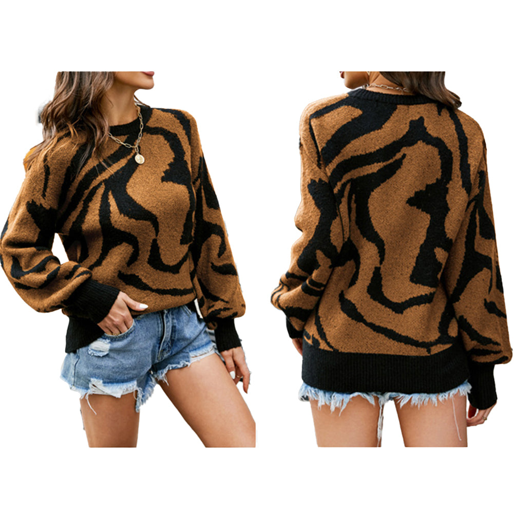 YESFASHION Crew Neck Zebra Print Pullover Sweaters