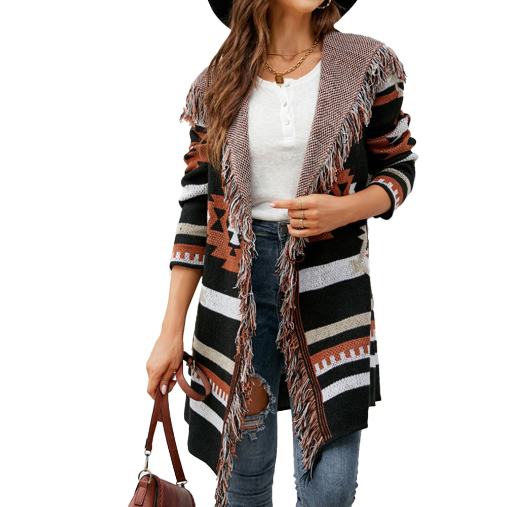 YESFASHION Fringed Hooded Knit Cardigan Jacket Sweaters