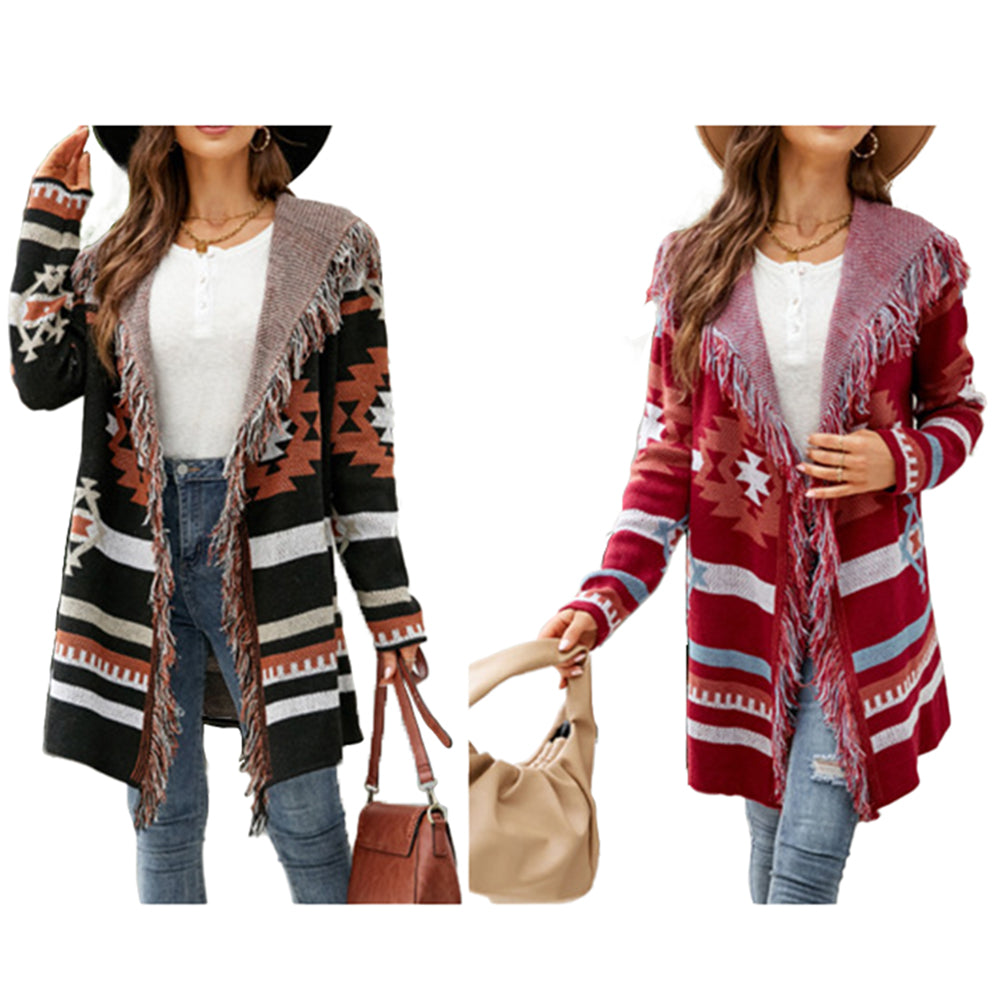 YESFASHION Fringed Hooded Knit Cardigan Jacket Sweaters