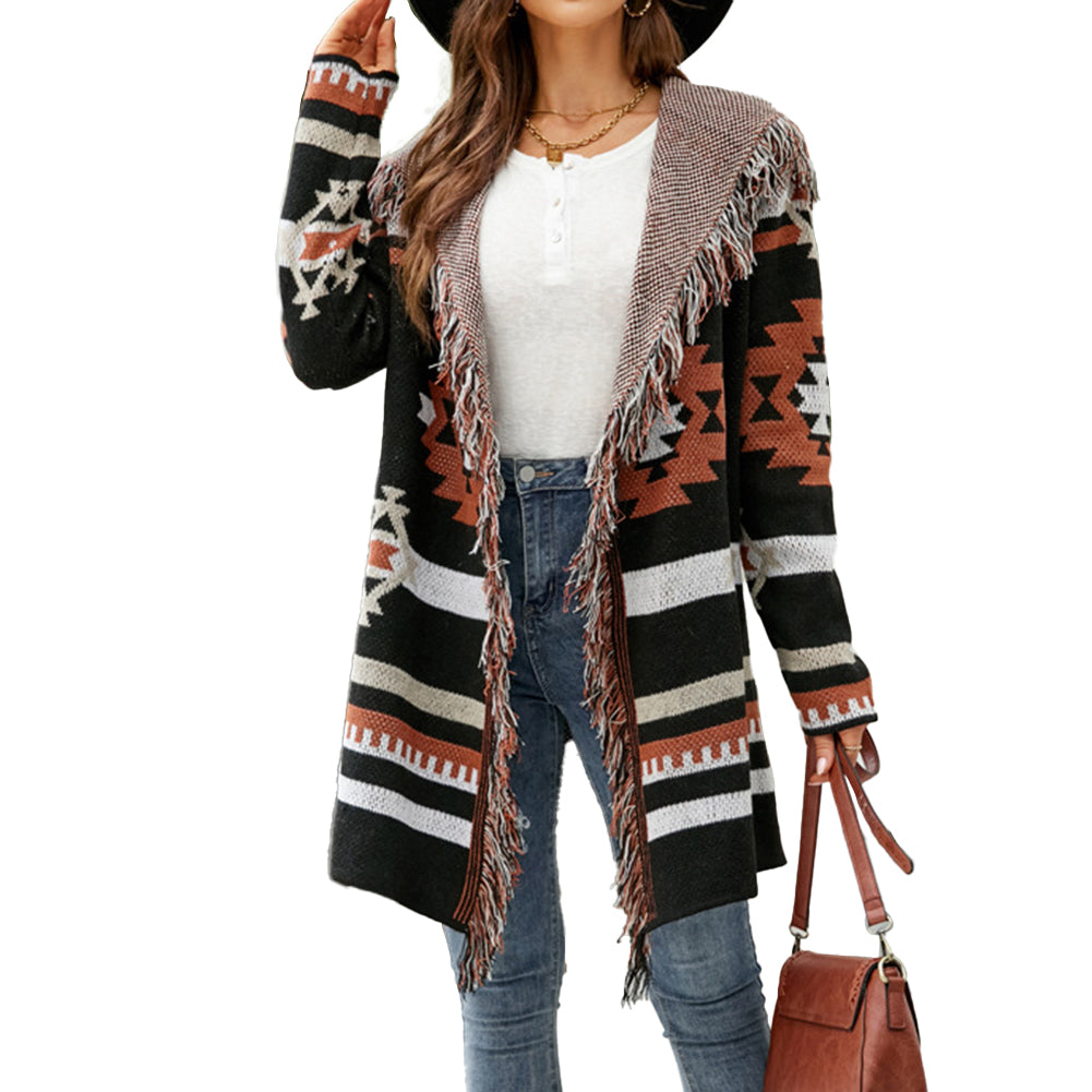 YESFASHION Fringed Hooded Knit Cardigan Jacket Sweaters