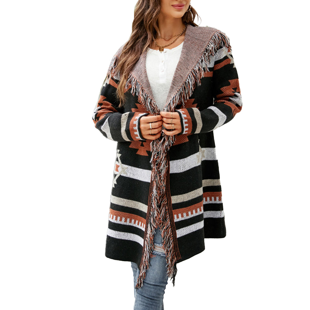 YESFASHION Fringed Hooded Knit Cardigan Jacket Sweaters