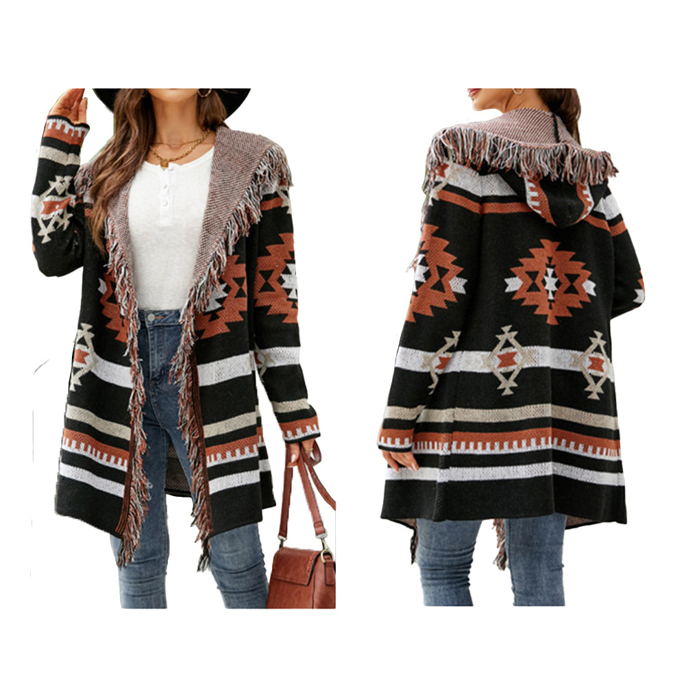 YESFASHION Fringed Hooded Knit Cardigan Jacket Sweaters