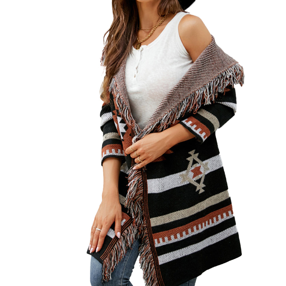 YESFASHION Fringed Hooded Knit Cardigan Jacket Sweaters