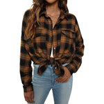 YESFASHION Plaid Double-pocket Lapel Tops Long-sleeve Shirt