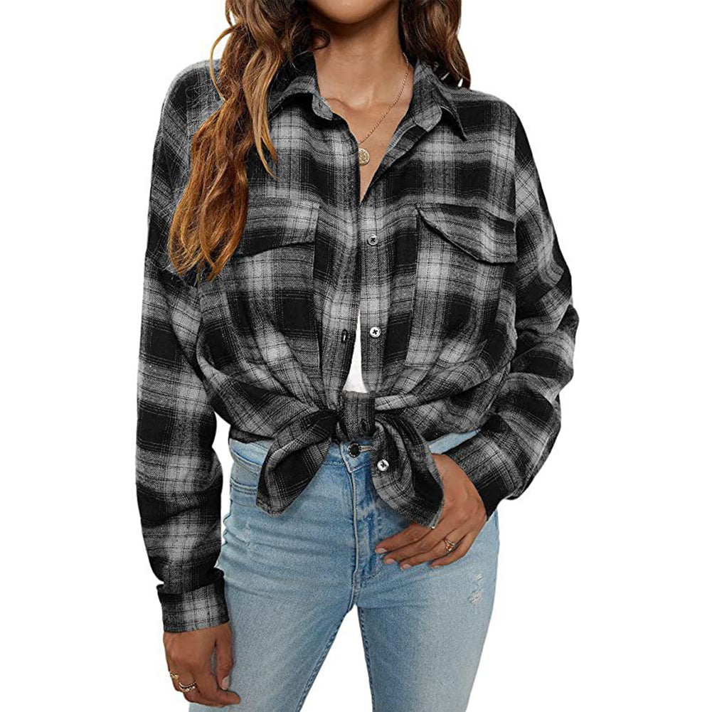 YESFASHION Plaid Double-pocket Lapel Tops Long-sleeve Shirt