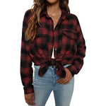 YESFASHION Plaid Double-pocket Lapel Tops Long-sleeve Shirt
