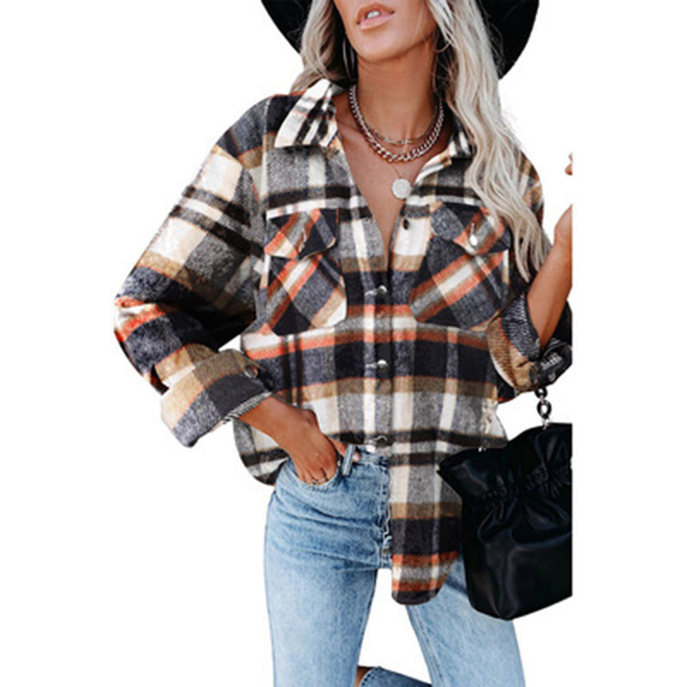 YESFASHION Long-sleeve Lapel Loose-fit Women Plaid Shirt