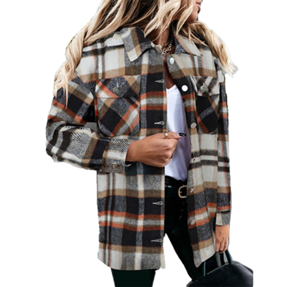 YESFASHION Long-sleeve Lapel Loose-fit Women Plaid Shirt
