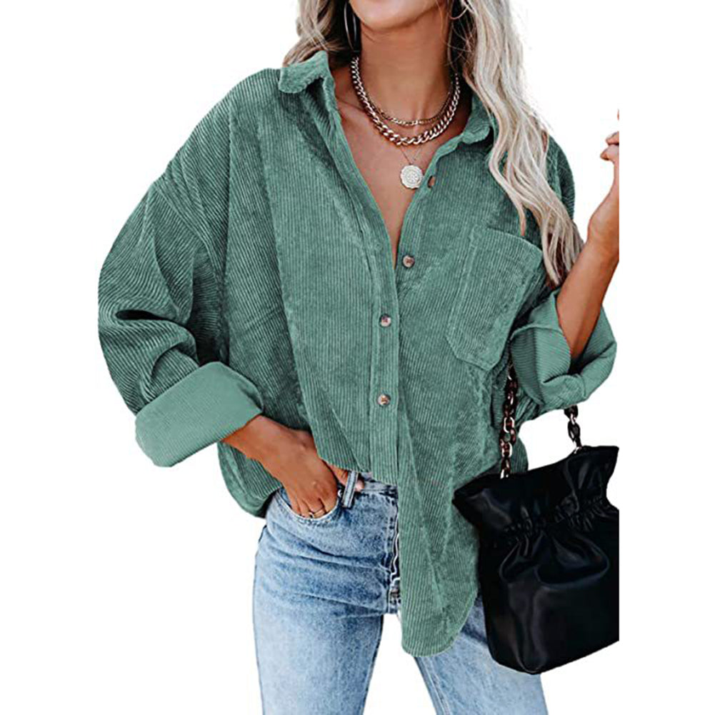 YESFASHION Corduroy Button-up Cardigan Lapel Loose Padded Shirt Tops