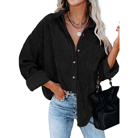 YESFASHION Corduroy Button-up Cardigan Lapel Loose Padded Shirt Tops