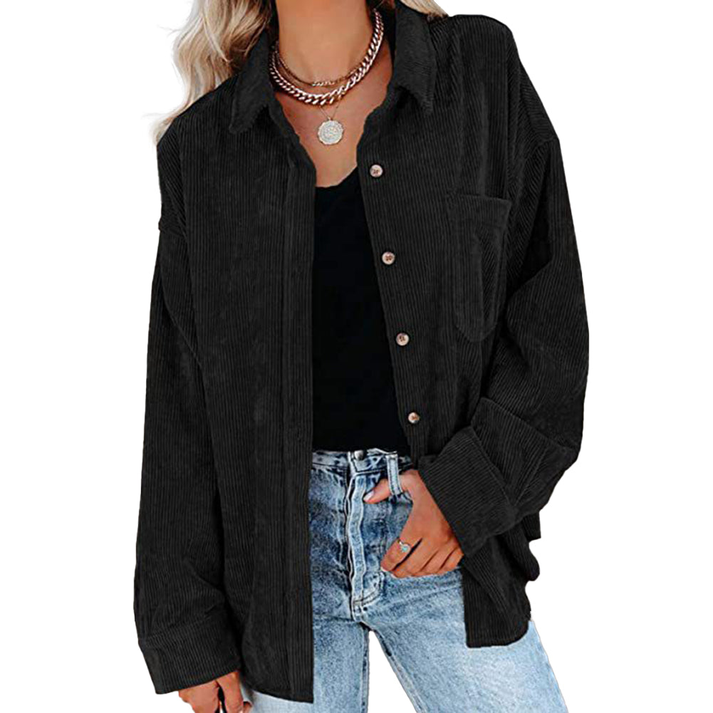YESFASHION Corduroy Button-up Cardigan Lapel Loose Padded Shirt Tops