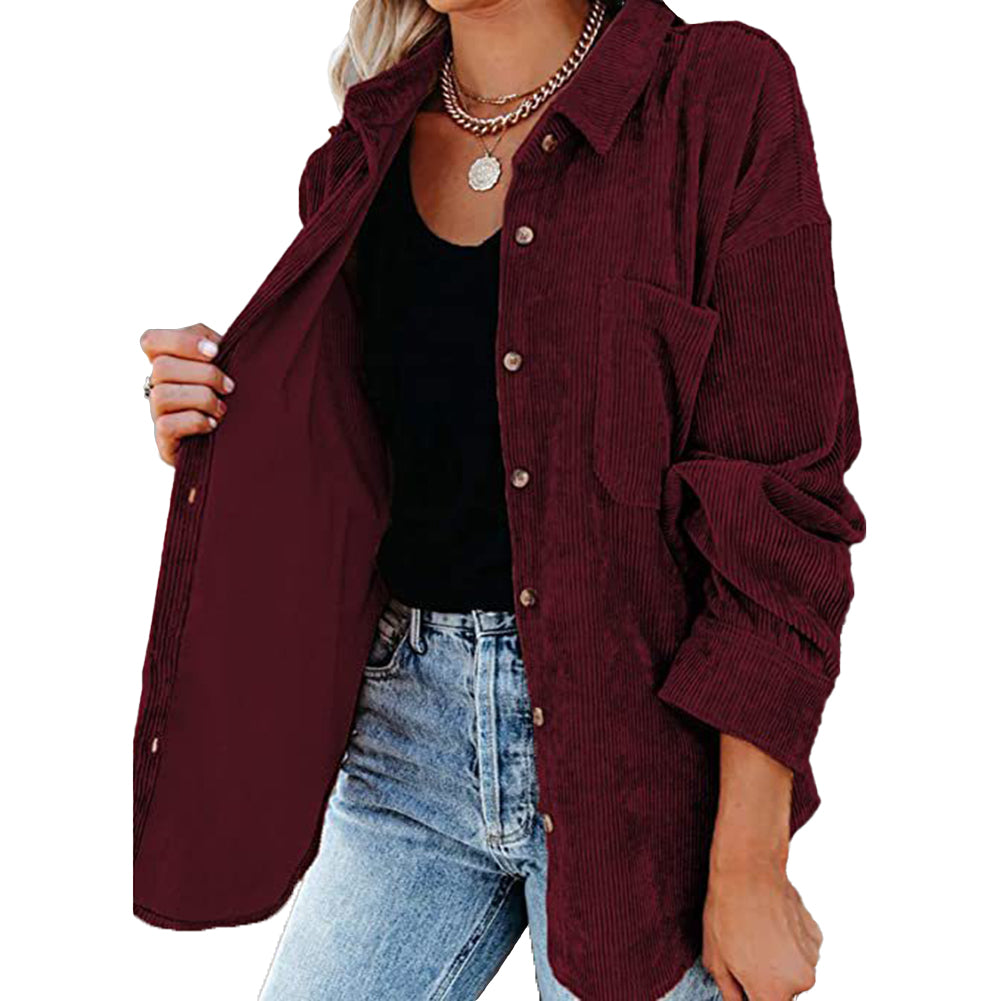 YESFASHION Corduroy Button-up Cardigan Lapel Loose Padded Shirt Tops