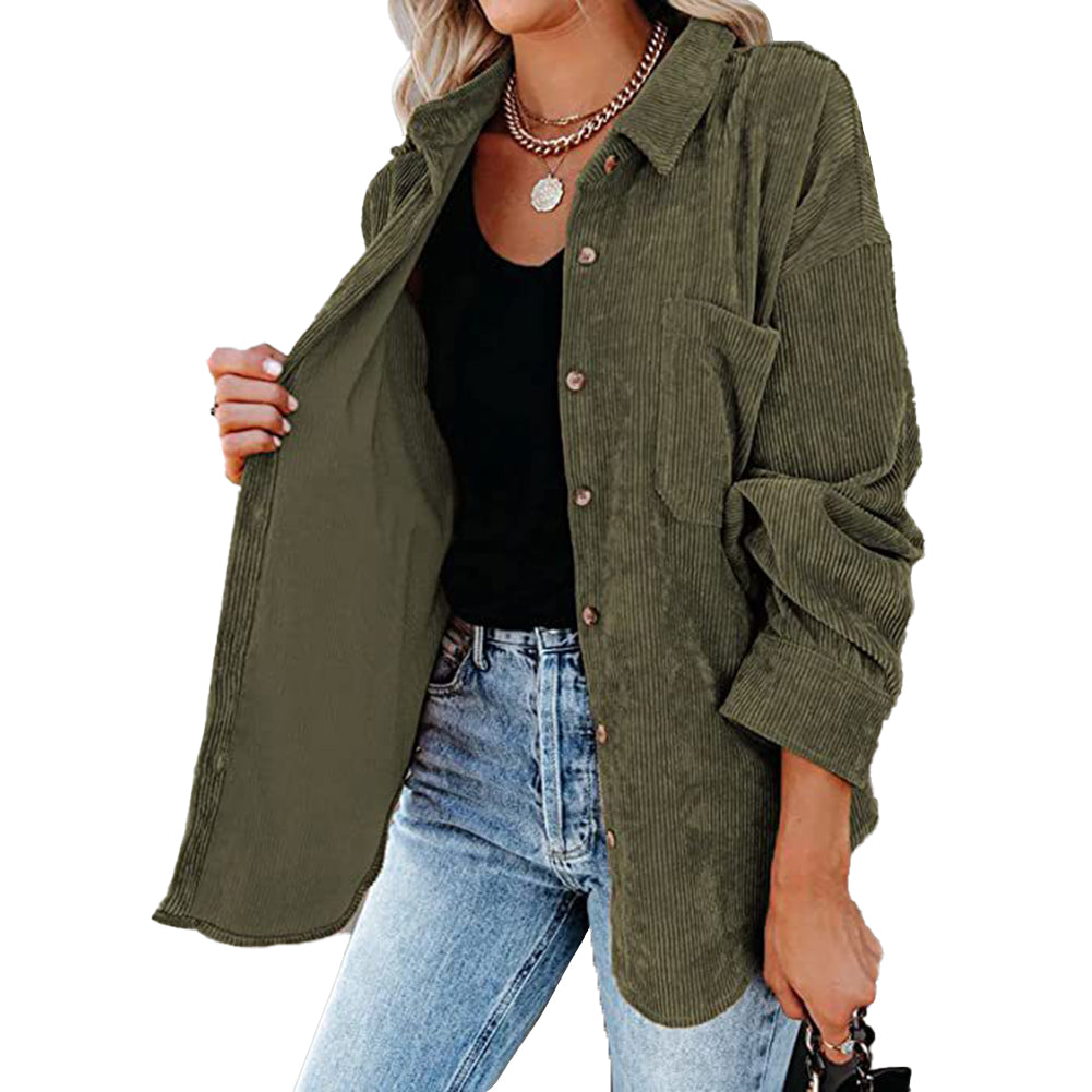 YESFASHION Corduroy Button-up Cardigan Lapel Loose Padded Shirt Tops