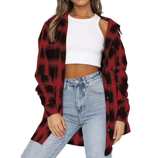 YESFASHION Ladies Casual Pocket Loose Plaid Shirt Tops