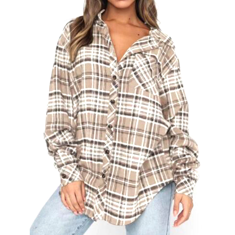 YESFASHION Ladies Casual Pocket Loose Plaid Shirt Tops