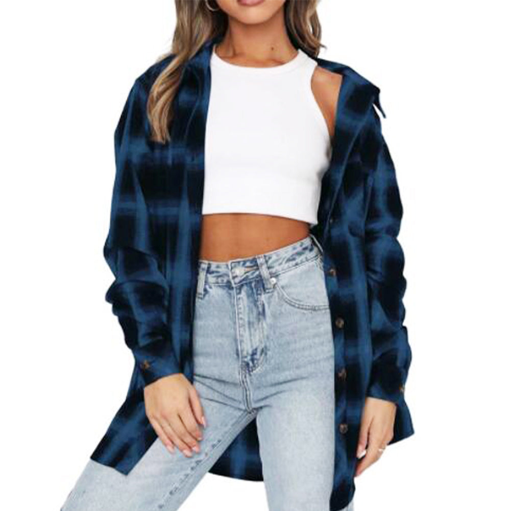 YESFASHION Ladies Casual Pocket Loose Plaid Shirt Tops