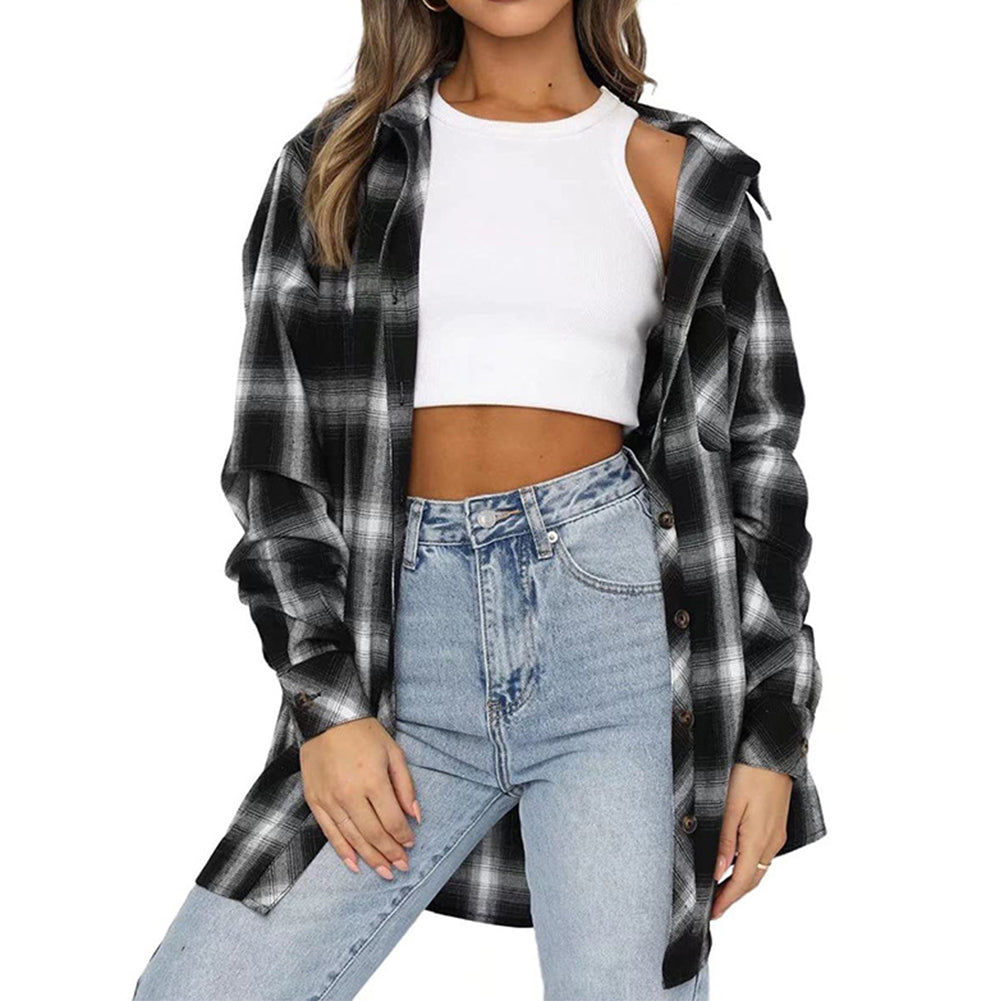 YESFASHION Ladies Casual Pocket Loose Plaid Shirt Tops