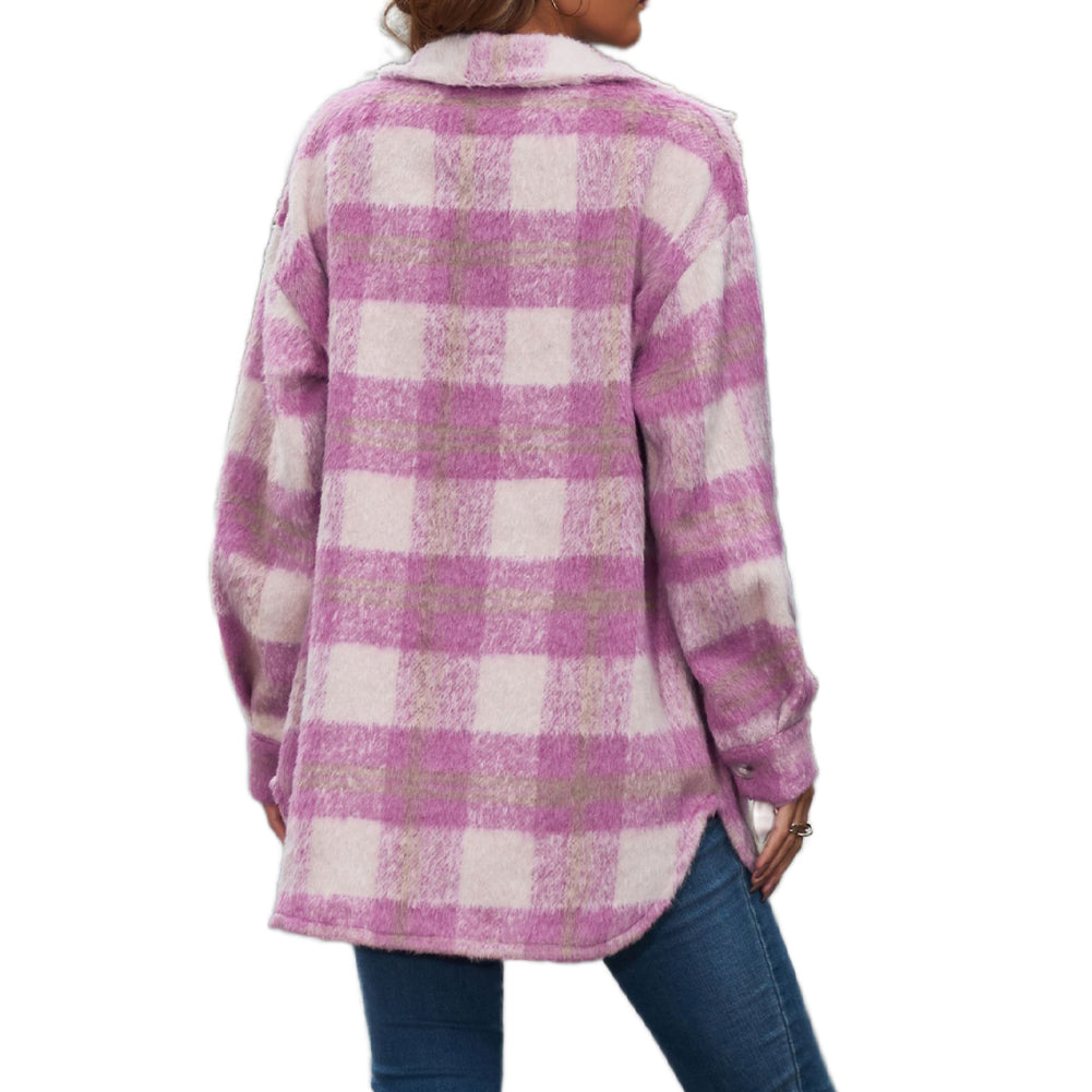 YESFASHION Plaid Mohair Coat Woolen Thick Coats