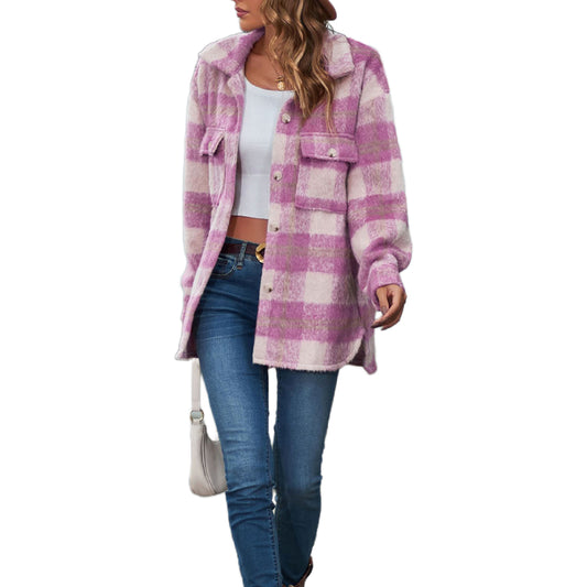 YESFASHION Plaid Mohair Coat Woolen Thick Coats