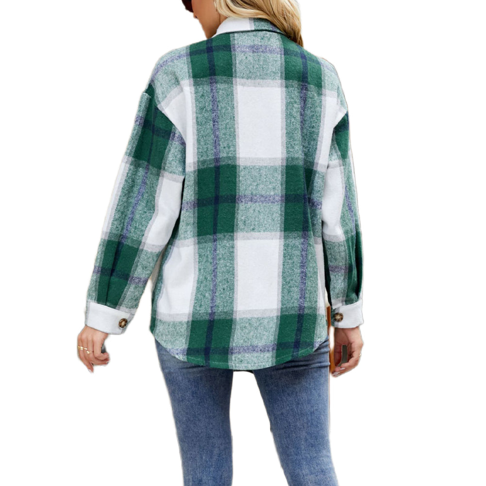 YESFASHION Ladies Plaid Jacket Casual Loose Pocket Shirt Tops