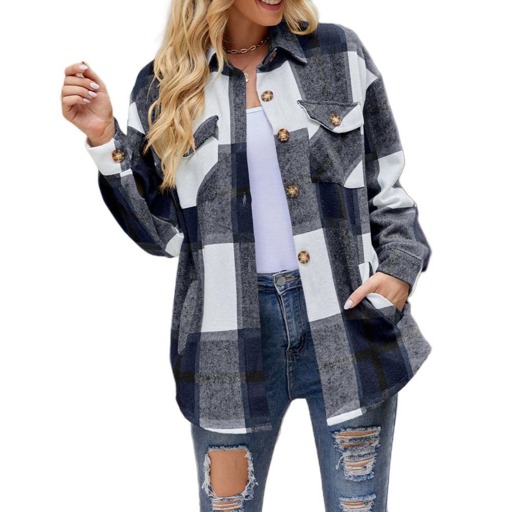 YESFASHION Ladies Plaid Jacket Casual Loose Pocket Shirt Tops