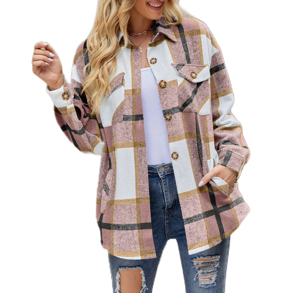 YESFASHION Ladies Plaid Jacket Casual Loose Pocket Shirt Tops