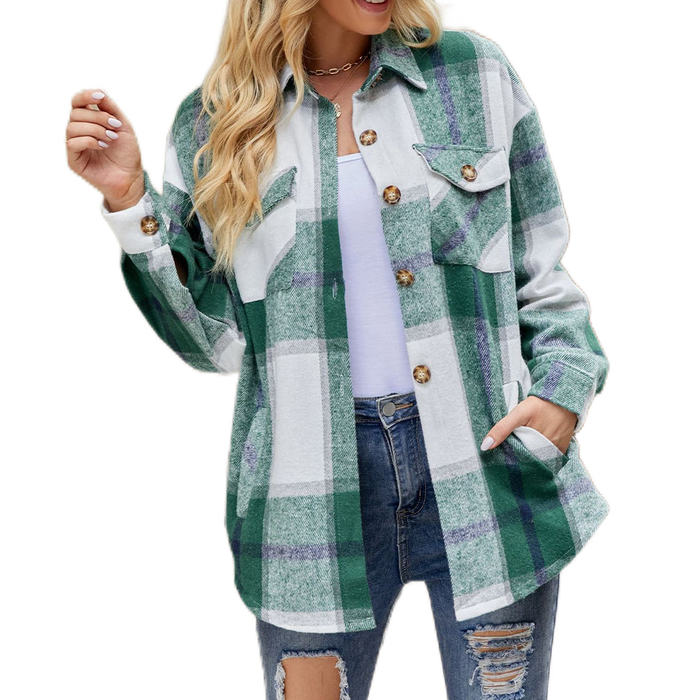 YESFASHION Ladies Plaid Jacket Casual Loose Pocket Shirt Tops