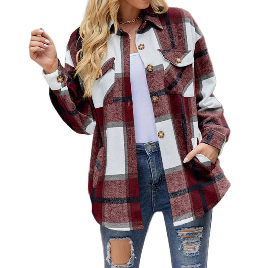 YESFASHION Ladies Plaid Jacket Casual Loose Pocket Shirt Tops