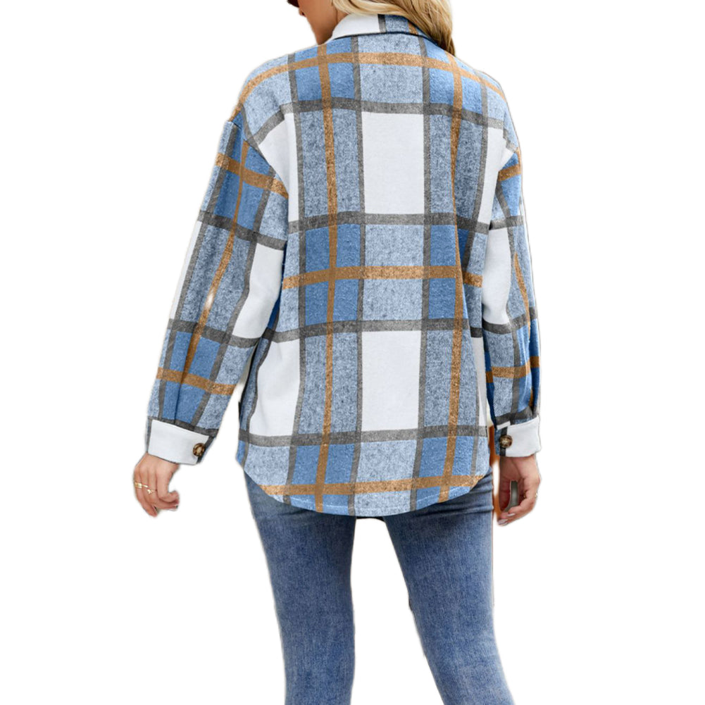 YESFASHION Ladies Plaid Jacket Casual Loose Pocket Shirt Tops