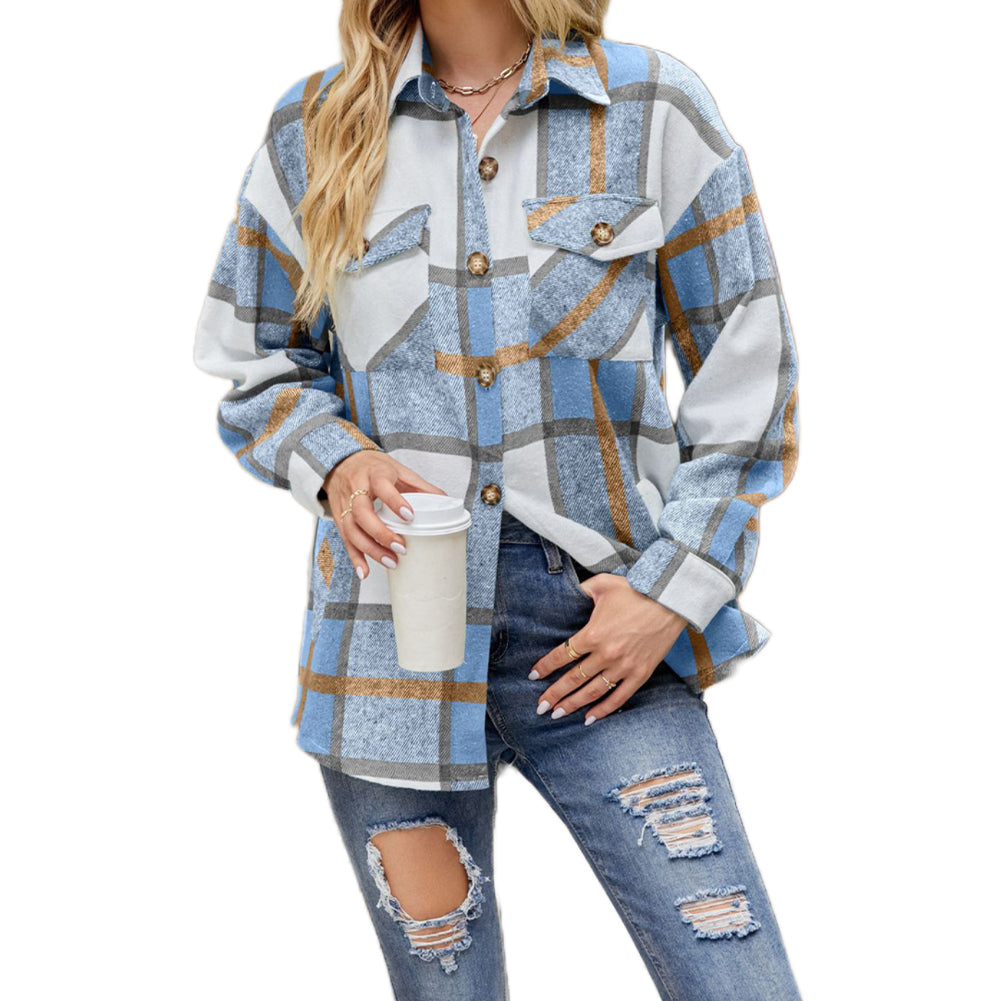 YESFASHION Ladies Plaid Jacket Casual Loose Pocket Shirt Tops