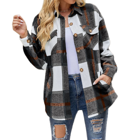 YESFASHION Ladies Plaid Jacket Casual Loose Pocket Shirt Tops