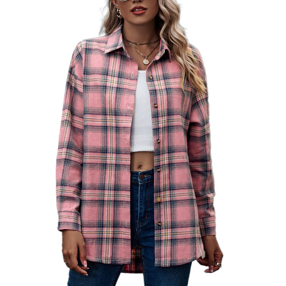 YESFASHION Ladies Casual Loose Boyfriend Plaid Shirt Tops