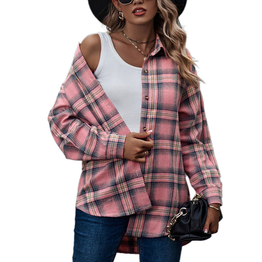 YESFASHION Ladies Casual Loose Boyfriend Plaid Shirt Tops