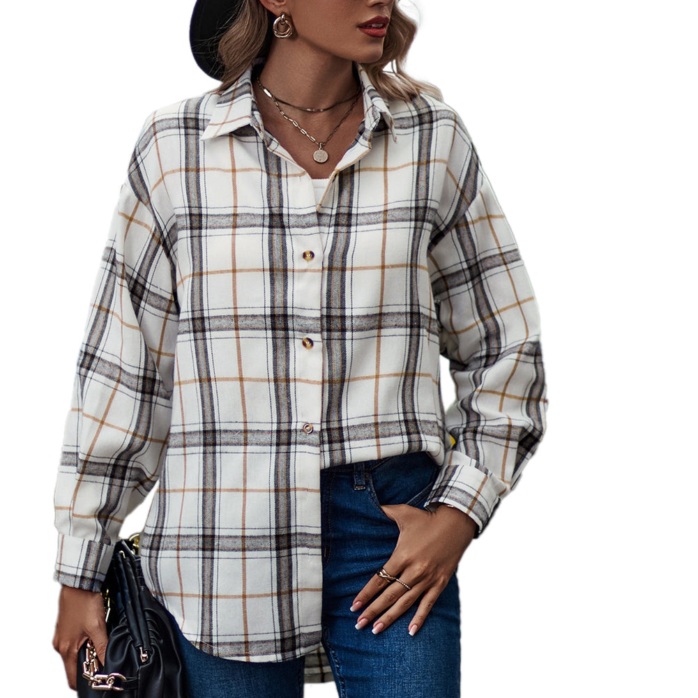 YESFASHION Ladies Casual Loose Boyfriend Plaid Shirt Tops