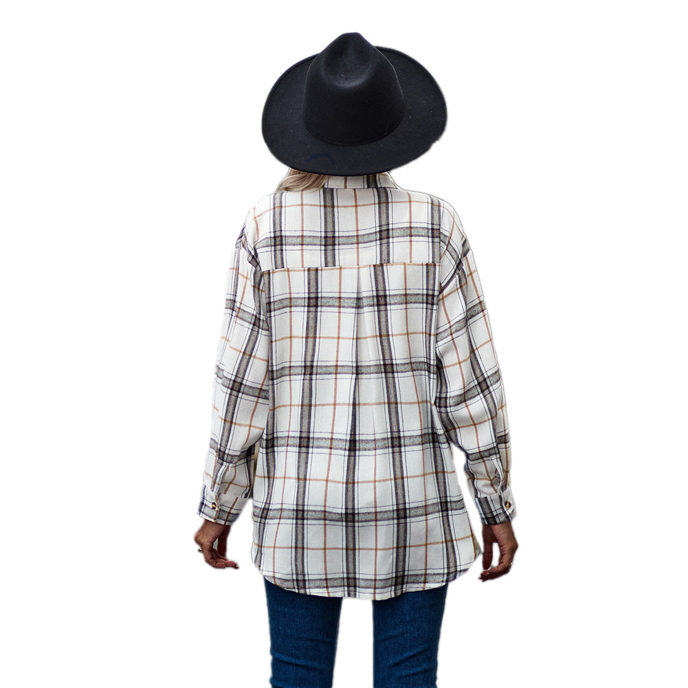 YESFASHION Ladies Casual Loose Boyfriend Plaid Shirt Tops