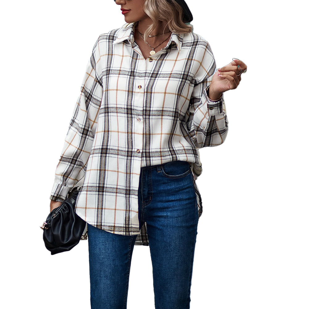 YESFASHION Ladies Casual Loose Boyfriend Plaid Shirt Tops