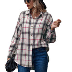 YESFASHION Ladies Casual Loose Boyfriend Plaid Shirt Tops