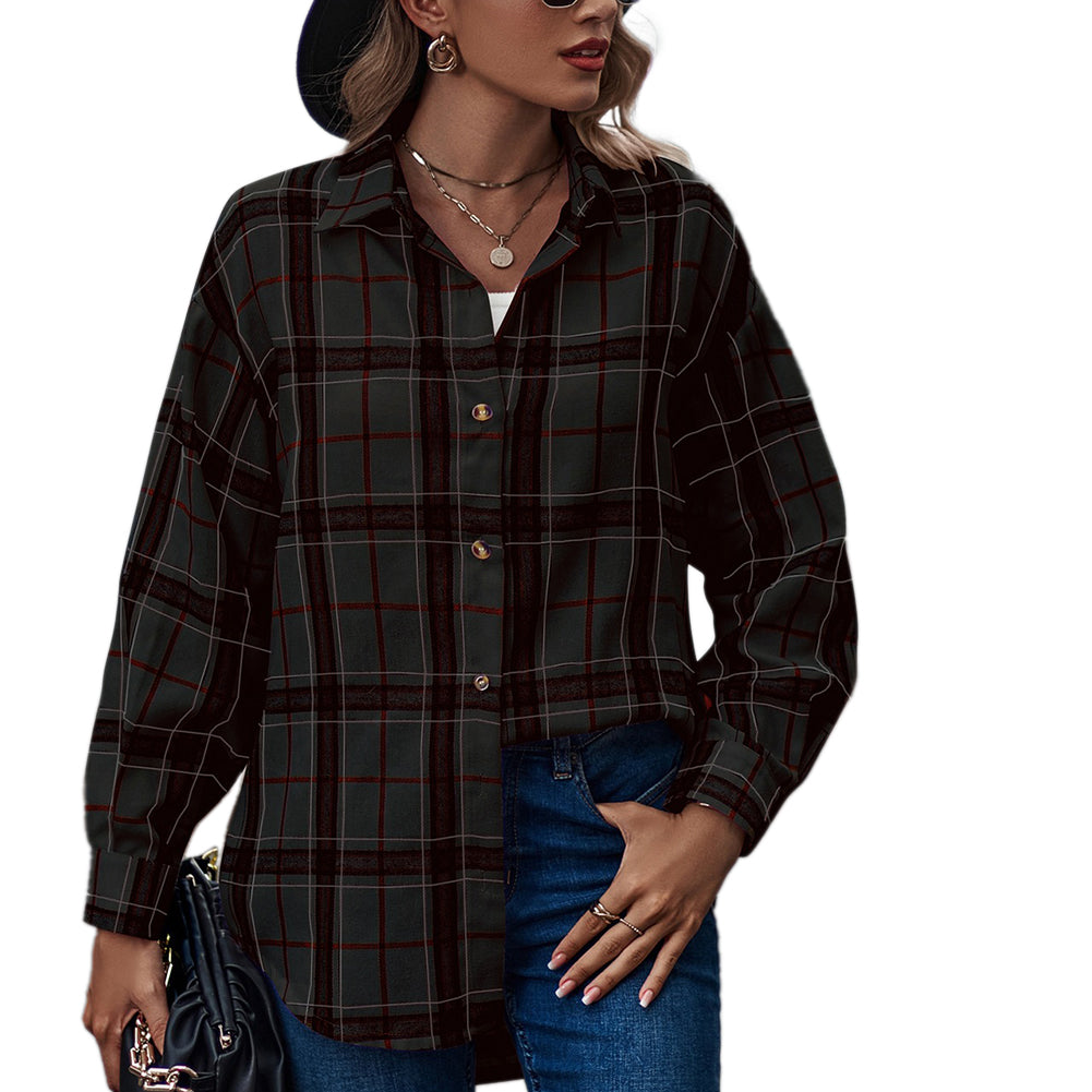 YESFASHION Ladies Casual Loose Boyfriend Plaid Shirt Tops