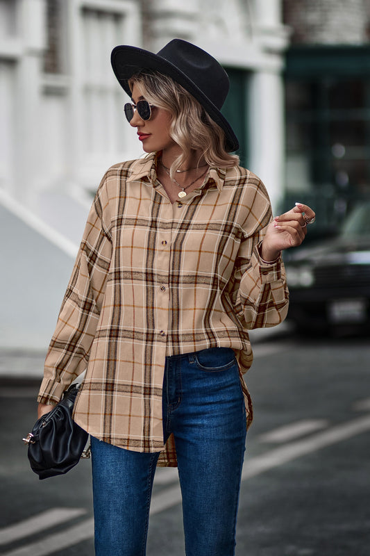 YESFASHION Ladies Casual Loose Boyfriend Plaid Shirt Tops