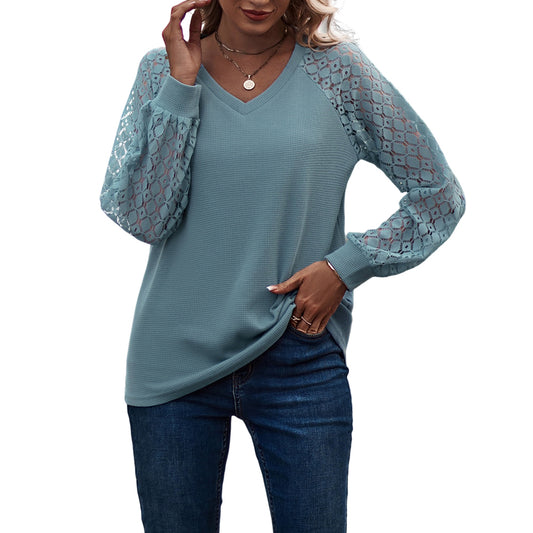 YESFASHION Waffle-grass Puff-sleeve V-neck Long-sleeve Tops