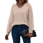 YESFASHION Waffle-grass Puff-sleeve V-neck Long-sleeve Tops