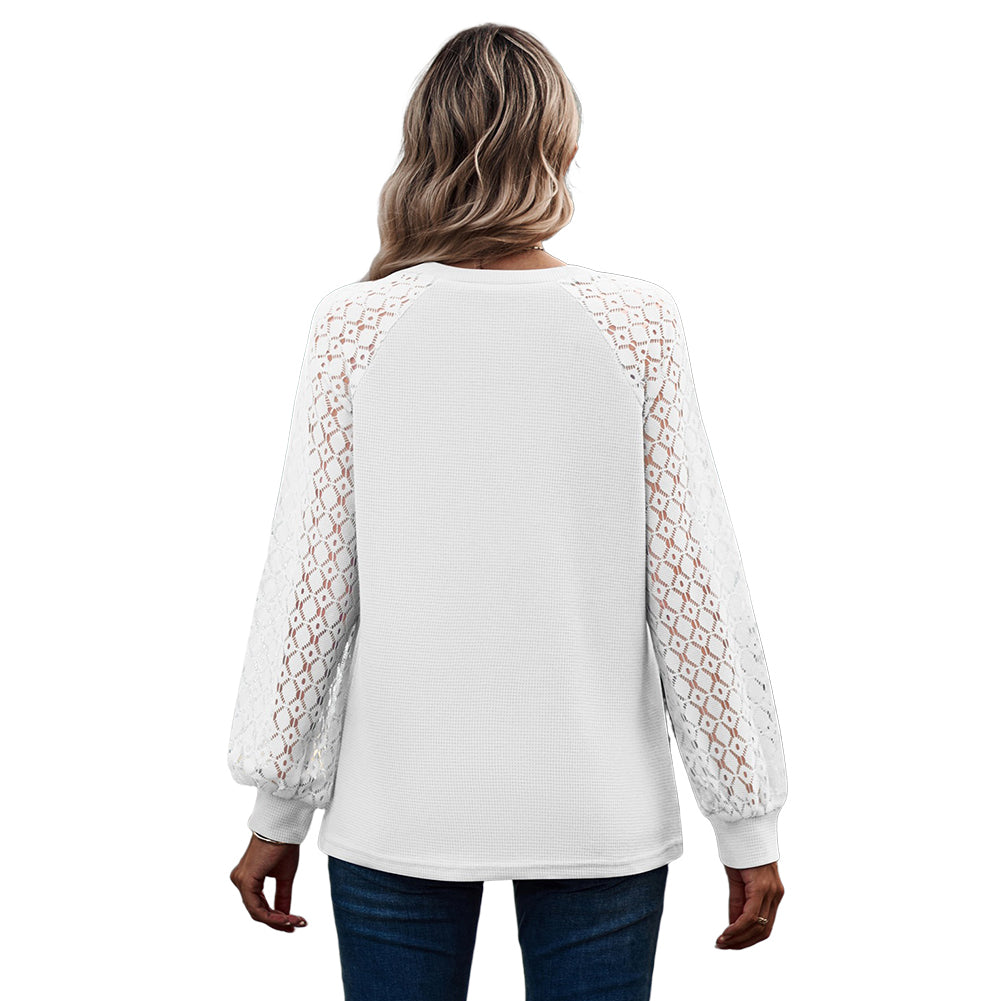 YESFASHION Waffle-grass Puff-sleeve V-neck Long-sleeve Tops