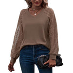 YESFASHION Waffle-grass Puff-sleeve V-neck Long-sleeve Tops