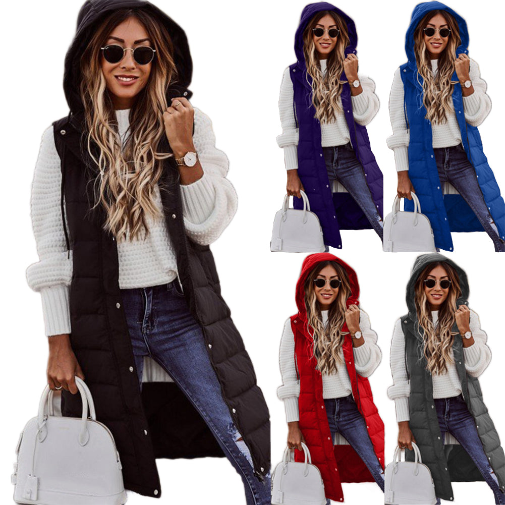 YESFASHION Solid Hooded Single-breasted Midi Cotton Vest