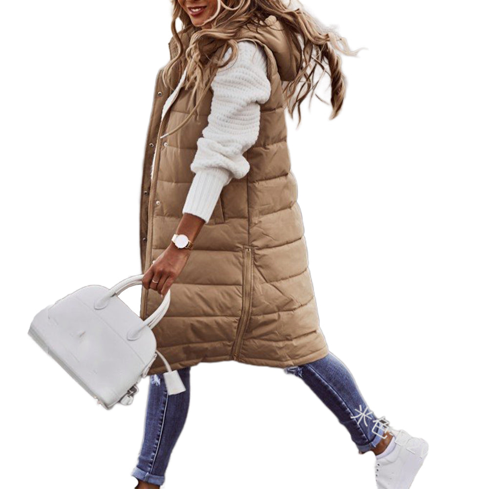 YESFASHION Solid Hooded Single-breasted Midi Cotton Vest