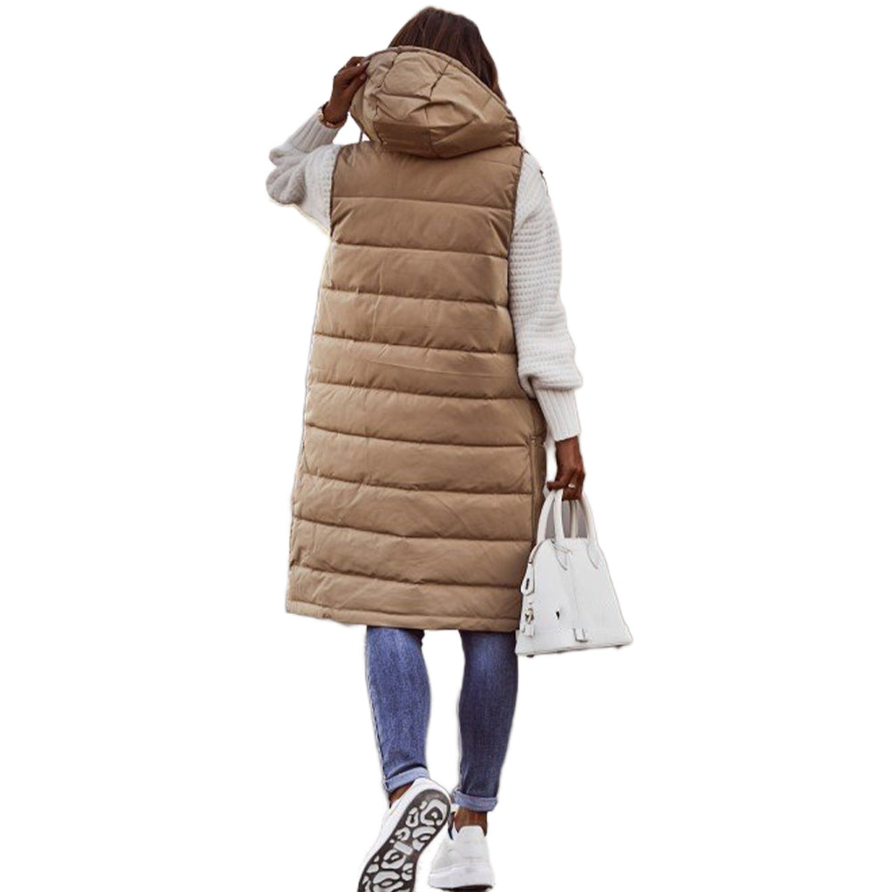 YESFASHION Solid Hooded Single-breasted Midi Cotton Vest