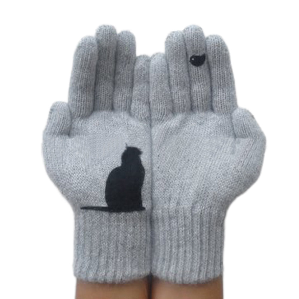 YESFASHION Tops Autumn Winter Outdoor Thick Cat Bird Print Gloves