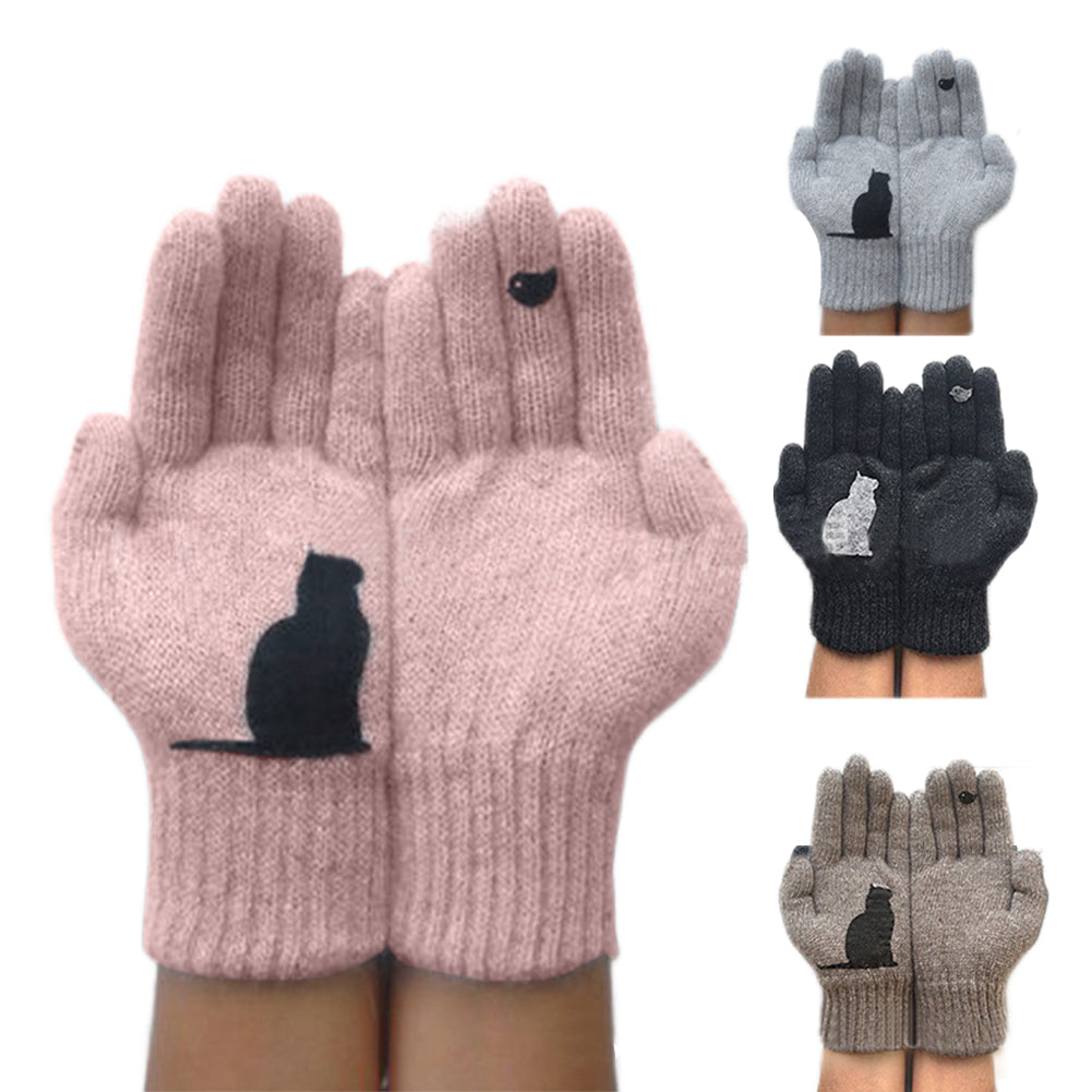 YESFASHION Tops Autumn Winter Outdoor Thick Cat Bird Print Gloves