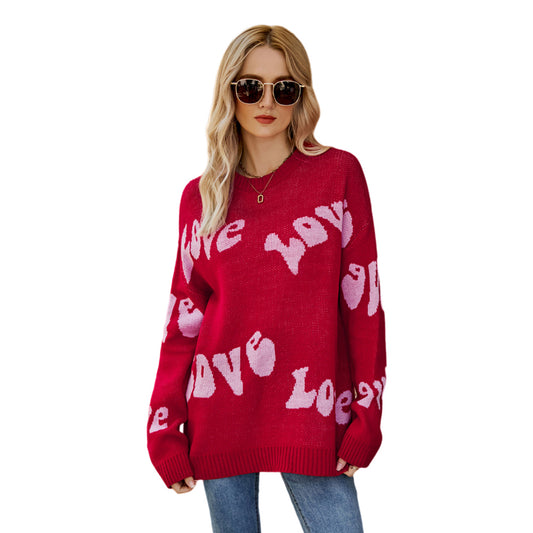 YESFASHION Letter Jacquard Long Sleeve Pullover Sweaters