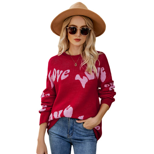 YESFASHION Letter Jacquard Long Sleeve Pullover Sweaters